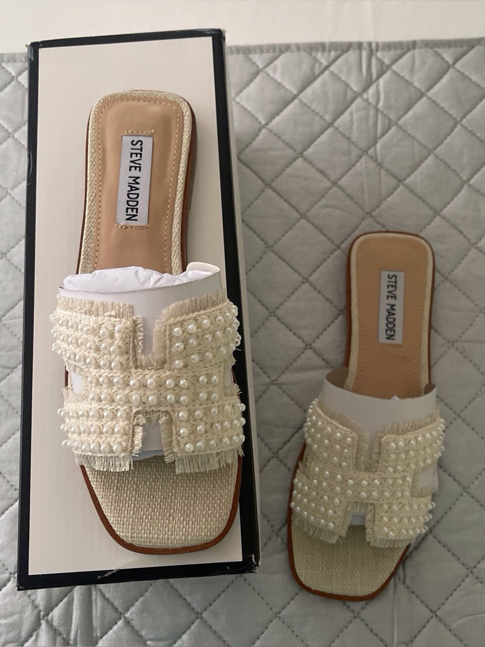 Steve Madden Ivory Pearl-Trim Slides
